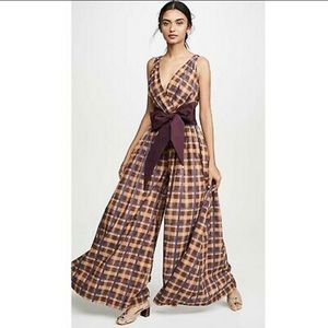 STAUD Plaid Wide-Leg Jumpsuit with Sash
